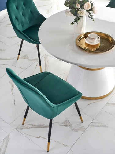 Stół okrągły do jadalni Marlen biały złoty 120 cm nowoczesny glamour na jednej nodze Intesi