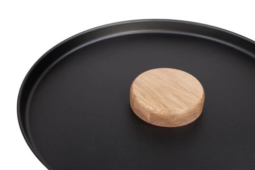 Stolik kawowy okrągły TYK 63 cm dębowy z czarnym stalowym blatem nowoczesny do salonu NORDIFRA