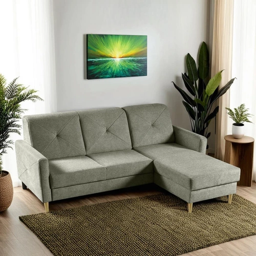 Nowoczesny narożnik z funkcją spania Scandi zielony lewostronny do salonu z pojemnikiem