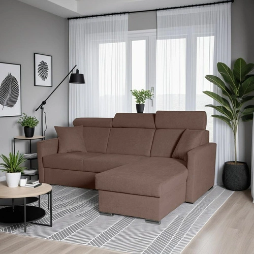 Nowoczesny narożnik z funkcją spania i pojemnikiem Mils brązowy do salonu Intesi