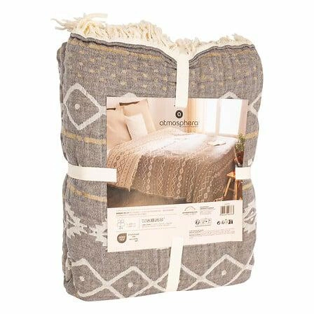 Narzuta boho Mirohia 260x240 cm bawełniana beżowo-brązowa z frędzlami na łóżko Atmosphera