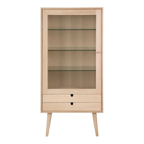 Nowoczesna witryna na książki z szufladami Century bielony dąb szkło do salonu 143 cm Actona