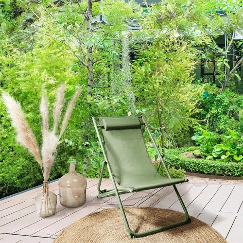 Leżak ogrodowy Canard składany zielony z regulacją oparcia, metalowy na taras lub plażę