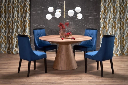 Stół okrągły do jadalni Obituar 136 cm nowoczesny orzechowy na jednej nodze Intesi