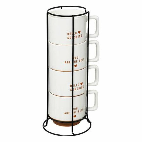 Zestaw 4 kubków 300ml na stojaku białe/   terrakotta