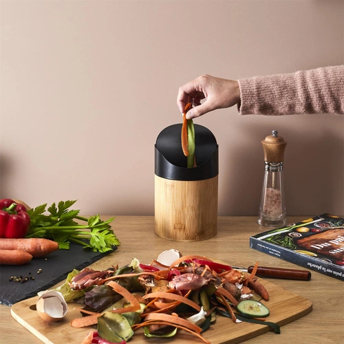 Intesi Mini kosz na śmieci do łazienki i kuchni bambusowy biały z obrotową pokrywą 1L