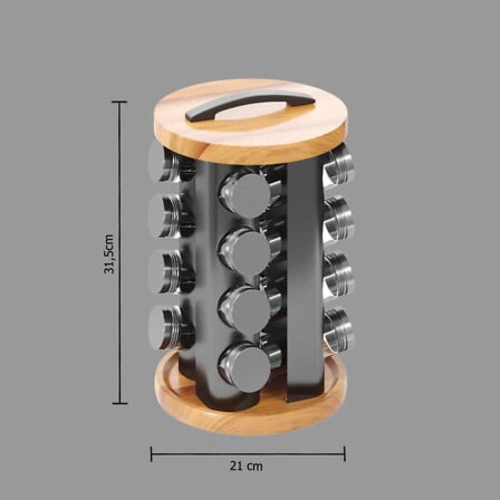Stojak na przyprawy obrotowy 16 słoiczków, drewno akacjowe