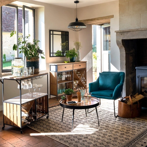 Stolik kawowy okrągły Siwan 70 cm drewno mango i metal czarny loftowy do salonu Atmosphera