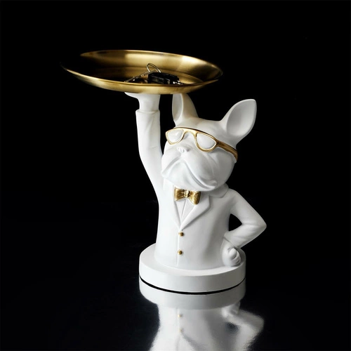 Organizer figurka buldog dekoracyjny biały ze złotą tacą Intesi do salonu glamour