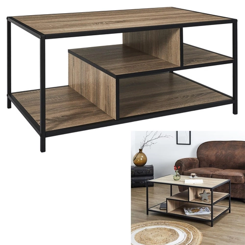 Stolik kawowy Edison prostokątny 90x55 cm industrialny loftowy do salonu z drewnianym blatem Intesi