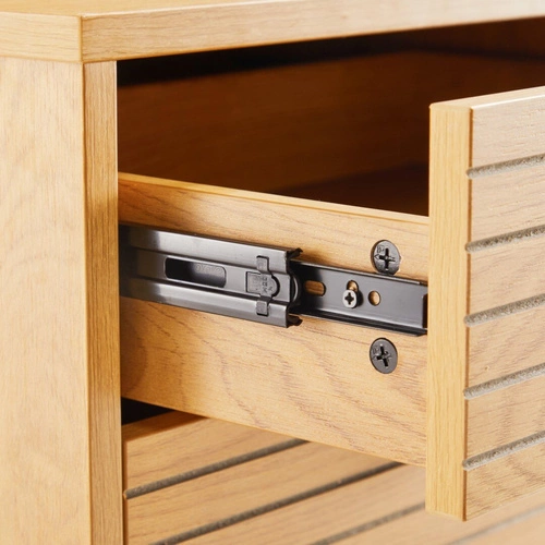 Szafka nocna Lattes 50x40 cm z 2 szufladami w stylu skandynawskim, naturalny dąb i czarny metal