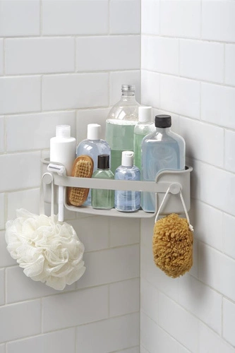 Półka łazienkowa narożna pod prysznic Umbra Flex szara z haczykami GEL-LOCK bez wiercenia