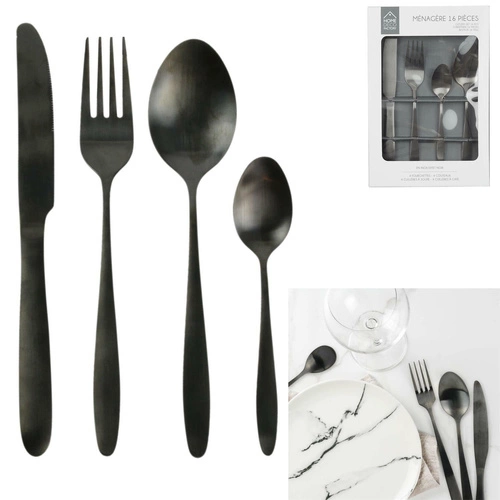 Zestaw sztućców czarnych Charbon Intesi nowoczesny 16 elementów stal nierdzewna do zmywarki