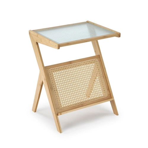 Stolik kawowy Balli boho z rattanu i szkła prostokątny naturalny do salonu Intesi