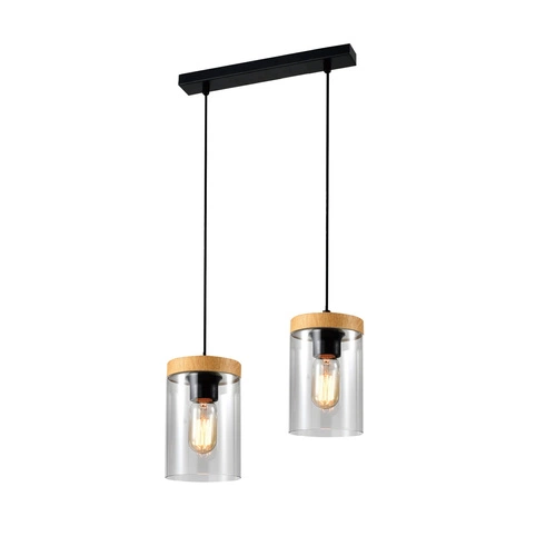 Lampa wisząca Wels czarny+drewniany  2x40W E27 klosz dymiony