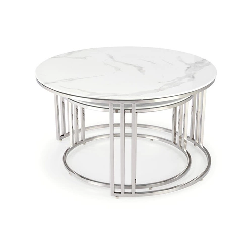 Zestaw 2 okrągłych stolików kawowych Yasmine szklanych glamour srebrno-białych do salonu