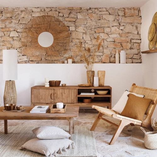 Szafka RTV drewniana Sabor 160 cm stojąca do salonu z półkami akacja Atmosphera