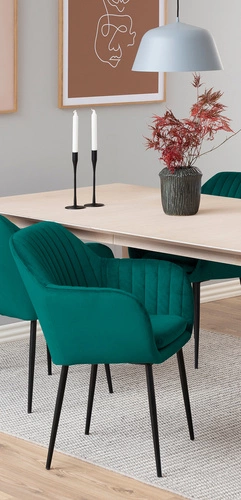 Krzesło do jadalni tapicerowane welur Emilia Actona butelkowa zieleń z podłokietnikami glamour