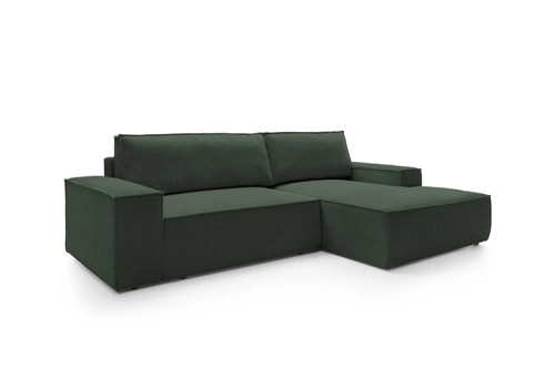 Narożnik sztruksowy z funkcją spania Molde M prawy zielony z pojemnikiem do salonu Intesi