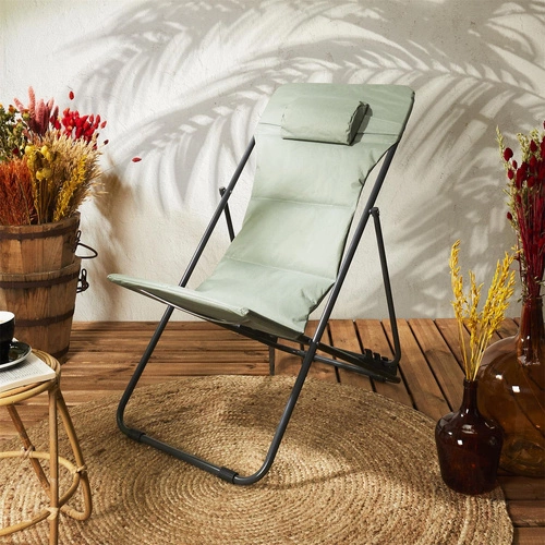 Leżak ogrodowy Grue khaki składany z regulacją oparcia metalowy nowoczesny na plażę Ventos