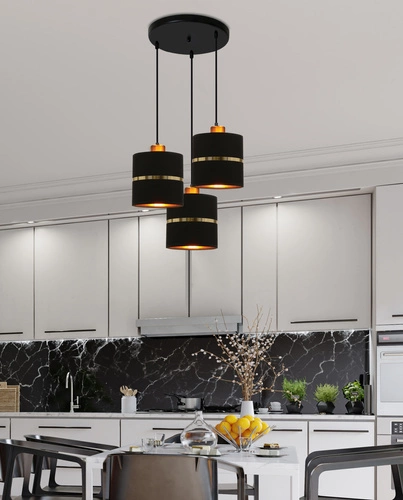 Lampa wisząca Assam czarna z abażurem i złotym paskiem 3-punktowa do salonu lub kuchni