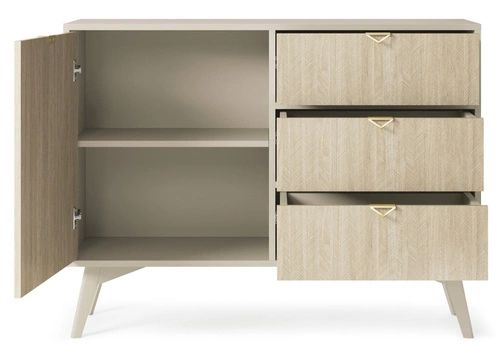 Komoda Sage Wood z szufladami w jodełkę boho glamour na nóżkach 106 cm do salonu Intesi