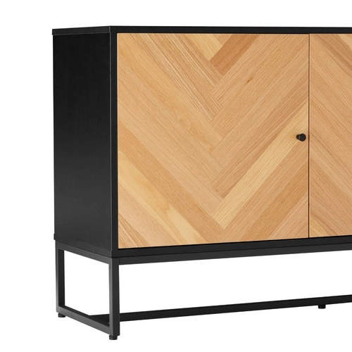 Komoda Clar 160 cm nowoczesna dąb i czarny z frontami w jodełkę na metalowych nogach do salonu