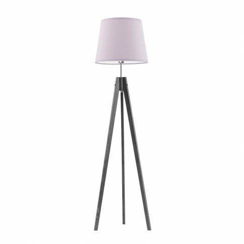 Lampa stojąca drewniana Aruba trójnóg z abażurem fioletowym do salonu glamour Lysne