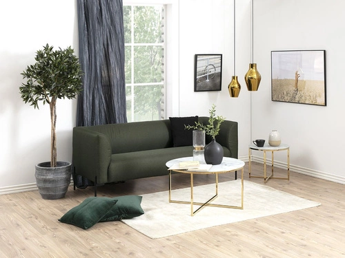 Stolik kawowy Alisma okrągły szklany biały ze złotą metalową podstawą glamour do salonu 80 cm