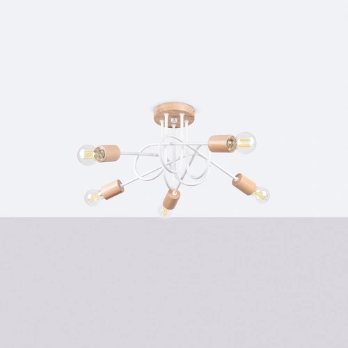 Żyrandol sufitowy EMBER 5 biały minimalistyczny z drewnem do salonu i jadalni 61 cm