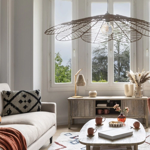 Lampka nocna boho Palm Atmosphera drewniana do sypialni i salonu z naturalnym abażurem 55 cm