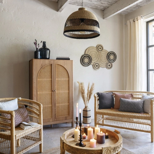 Fotel rattanowy Malevio Atmosphera do salonu boho skandynawski z podłokietnikami naturalny