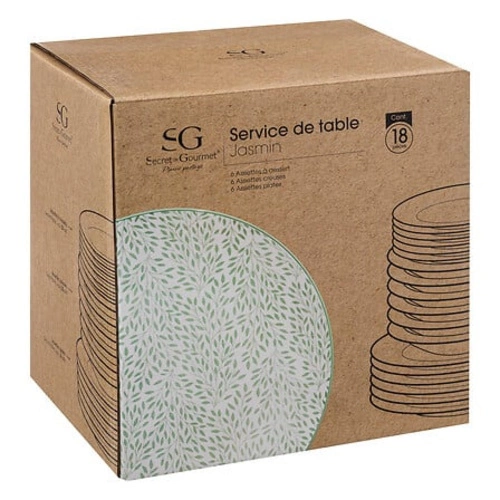 Porcelanowy serwis obiadowy Jasmin 18 elementów biało-zielony z liśćmi do jadalni