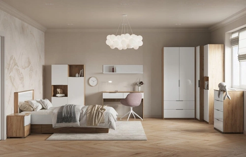 Łóżko do sypialni Tissa 140x200 z pojemnikiem, szufladami i LED biały dąb craft