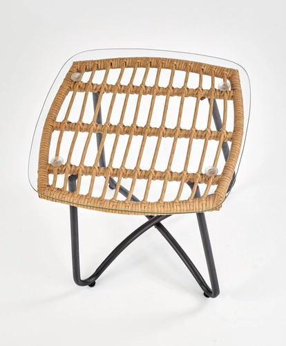 Stolik kawowy Surabaya kwadratowy boho rattanowy z blatem szklanym czarny do salonu 51x51 cm