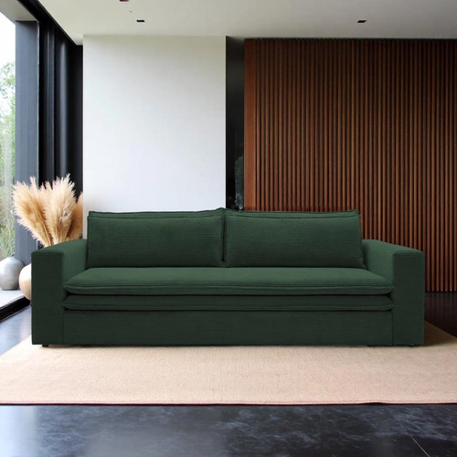 Sofa rozkładana z funkcją spania Ulnes zielona sztruksowa 3 osobowa do salonu z pojemnikiem