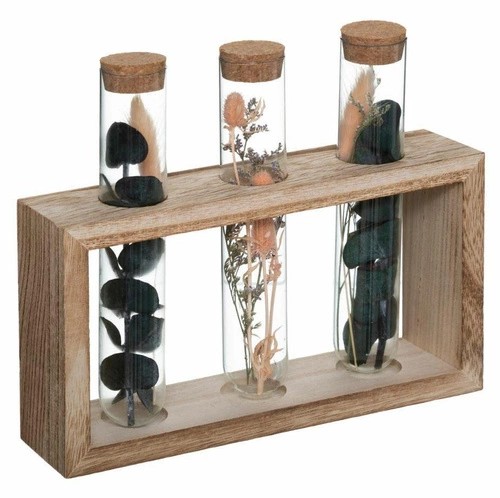 Atmosphera potrójny wazon szklany dekoracyjny z suszonymi kwiatami na drewnie 17 cm