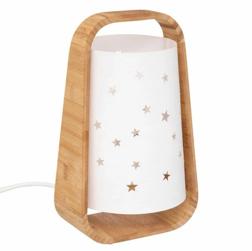 Lampka nocna Cut Star biała boho z bambusową podstawą i papierowym kloszem do sypialni 27cm