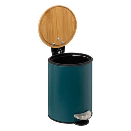 Kosz na śmieci łazienkowy Modern 3l niebieski metalowy z bambusową pokrywą i pedałem 5five