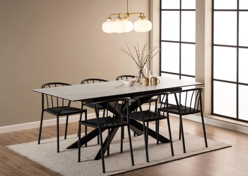 Stół rozkładany do jadalni Irwine Akranes biały ceramiczny blat czarne nogi nowoczesny 168–210x90 cm