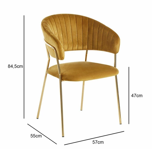 Krzesło tapicerowane Glamour Velvet Intesi do jadalni welurowe żółte ze złotymi nogami z podłokietnikami