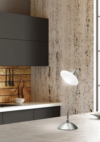 Lampka nocna Elisa nowoczesna srebrno-biała do sypialni i salonu z białym kloszem 37 cm