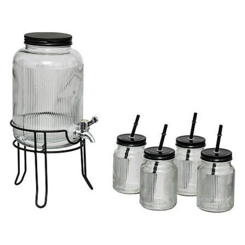 Szklany słój do napojów 4L z kranikiem na stojaku z 4 kubkami 5five simply smart na przyjęcia