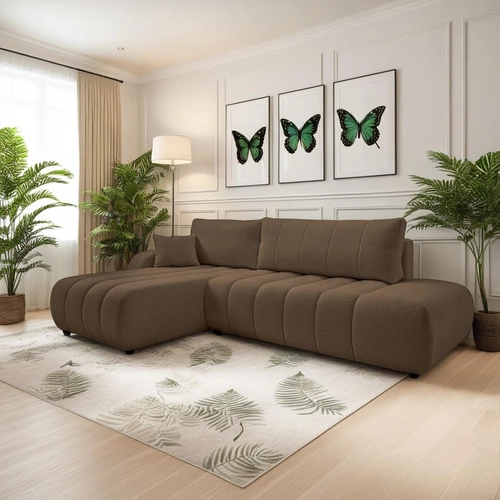 Narożnik z funkcją spania Hobro lewy brązowy nowoczesny do salonu z pojemnikiem