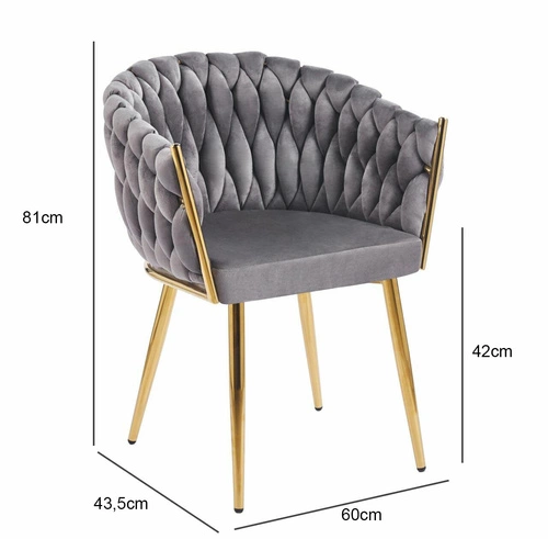 Krzesło tapicerowane Malaya Velvet szare z podłokietnikami do jadalni na złotych nogach Intesi