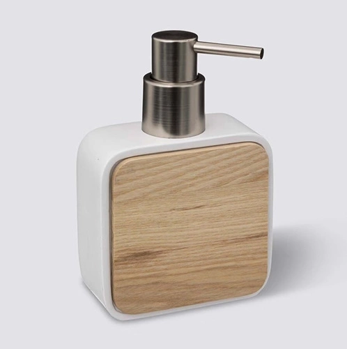 Dozownik do mydła Natureo biały z drewnem jesionowym do łazienki nowoczesny 