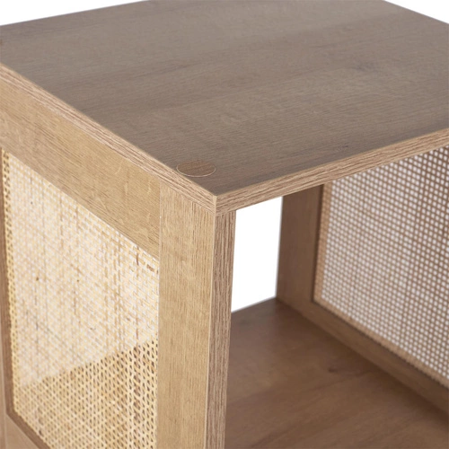 Regał na książki Kali 4 półki skandynawski z rattanu i MDF naturalny do salonu i sypialni