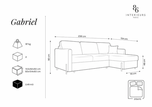 Narożnik z funkcją spania Gabriel Silver Structured Fabric prawostronny
