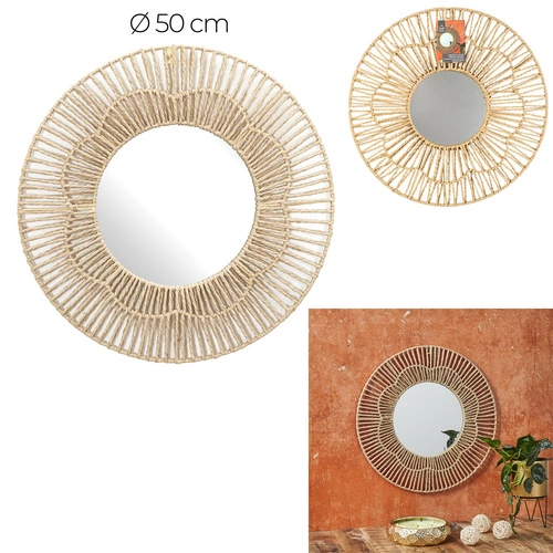 Lustro okrągłe boho Nairobia 50cm wiszące do przedpokoju i salonu w naturalnym kolorze