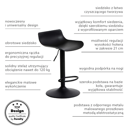 Hoker regulowany Simplet Bar One czarny mat nowoczesny do kuchni i wyspy obrotowy